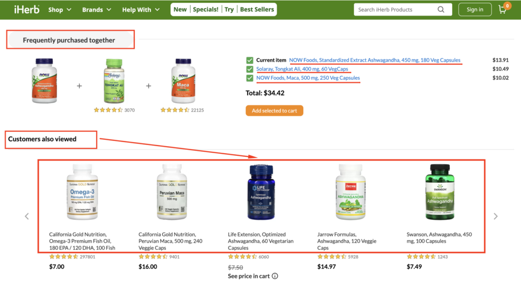 Optimized internal linking example iHerb website