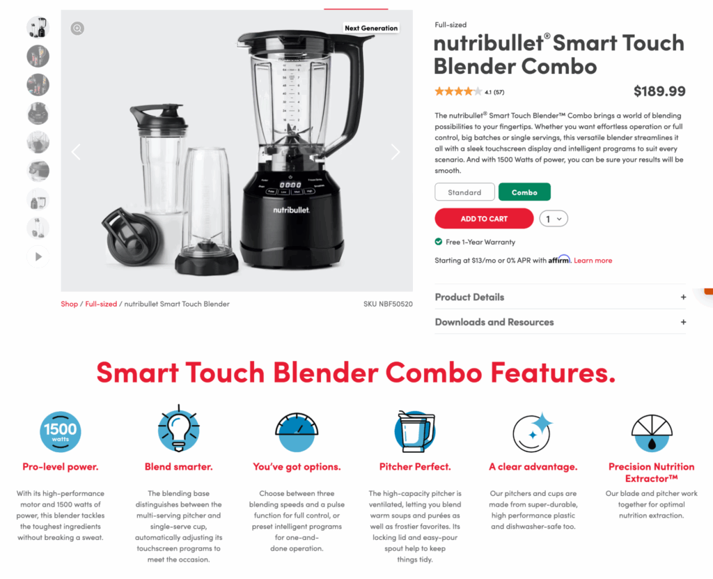 Product page optimization example Nutribullet website