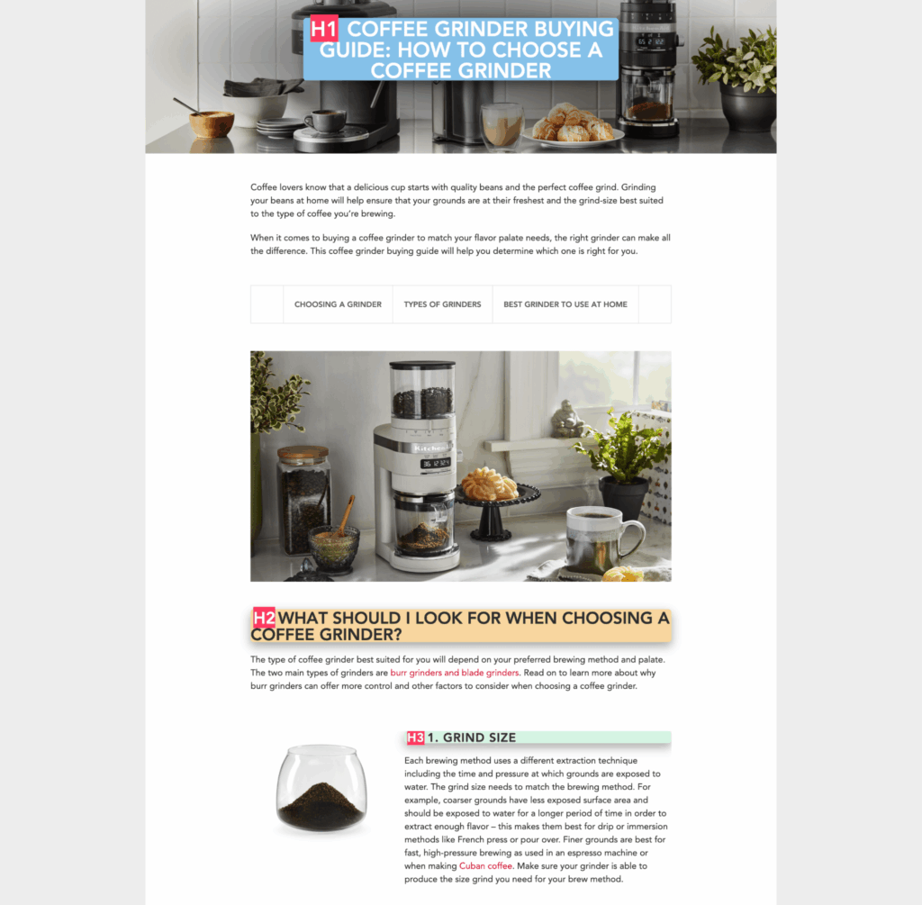 Example of optimized page heading hierarchy Kitchenaid website
