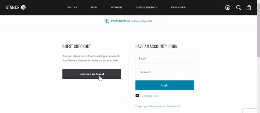 Stance guest checkout option