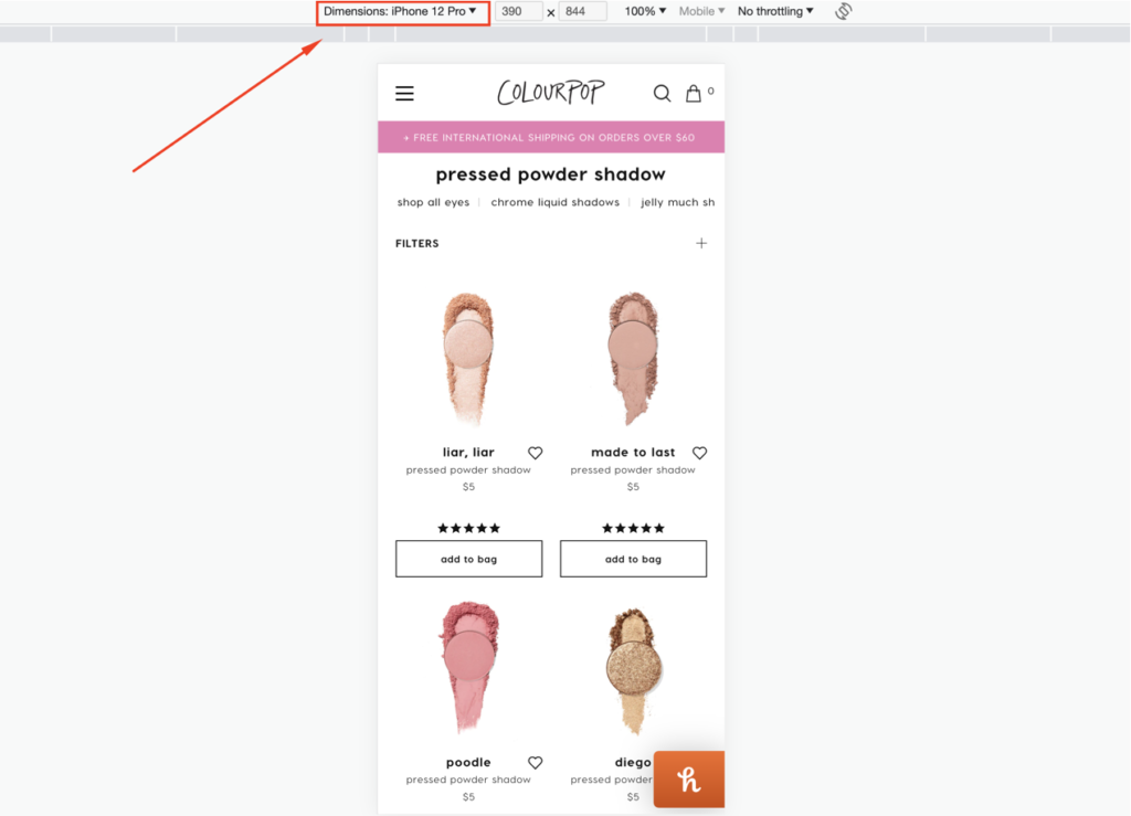 Mobile-ready store layout example ColourPop mobile website
