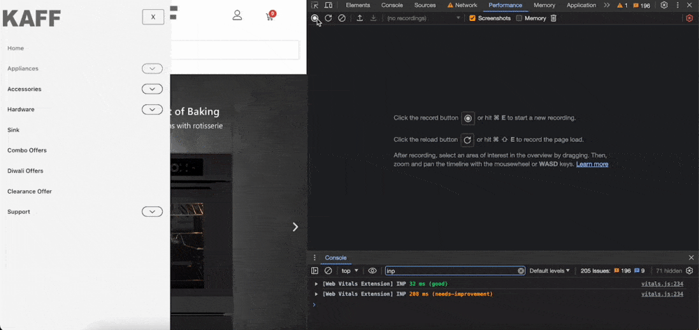Chrome DevTools performance profiler record button