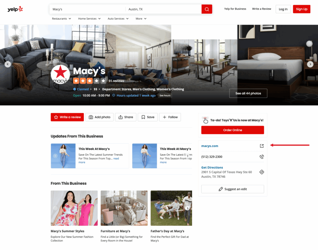 Macy's store listing in Yelp directory