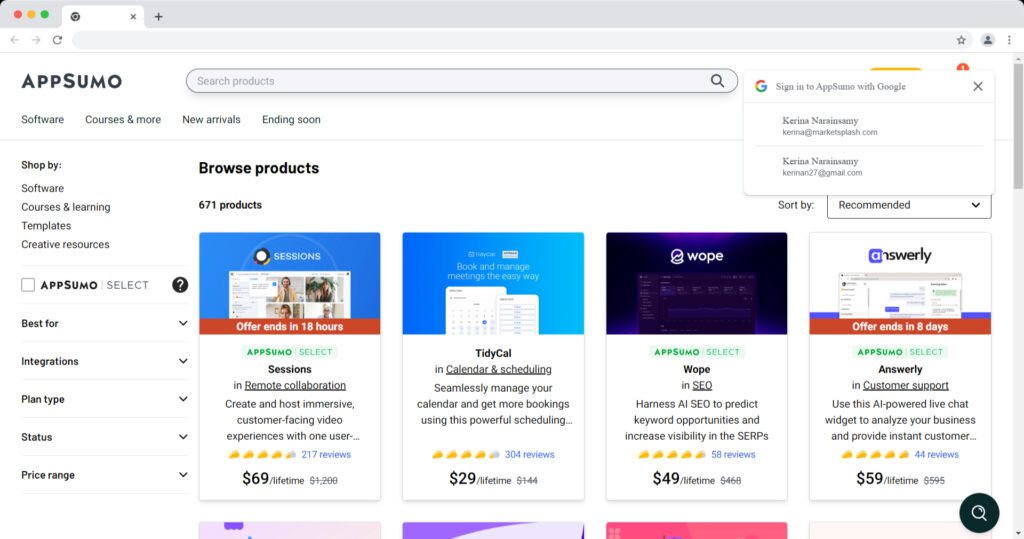 AppSumo page personalized recommendations