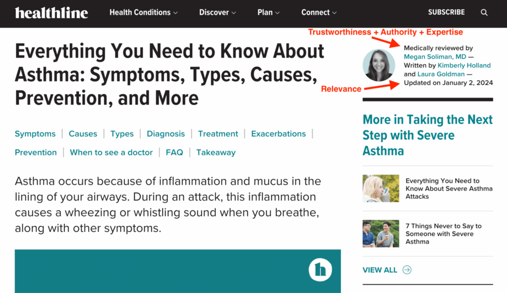 Healthline content EEAT signals