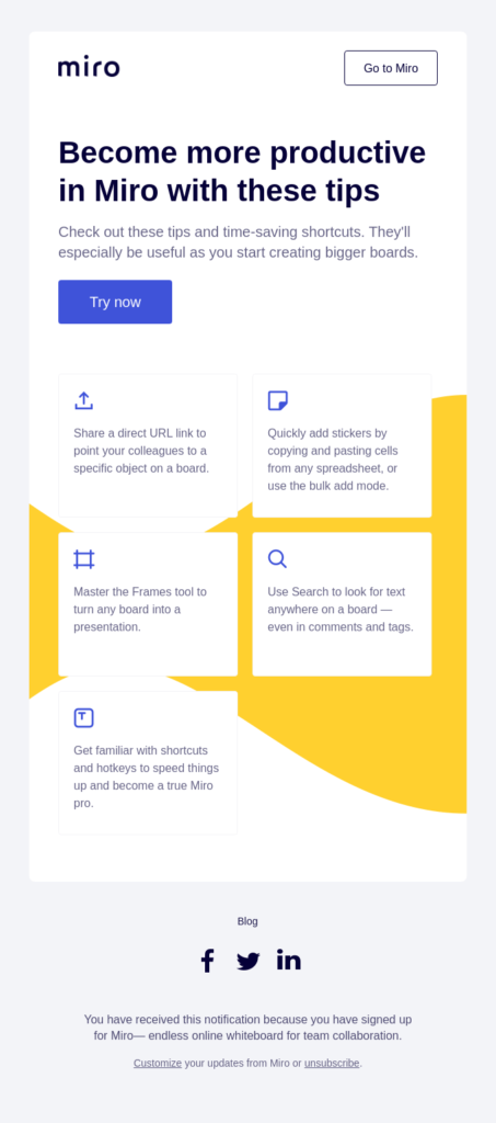 Example of email marketing reactivation techniques by Miro