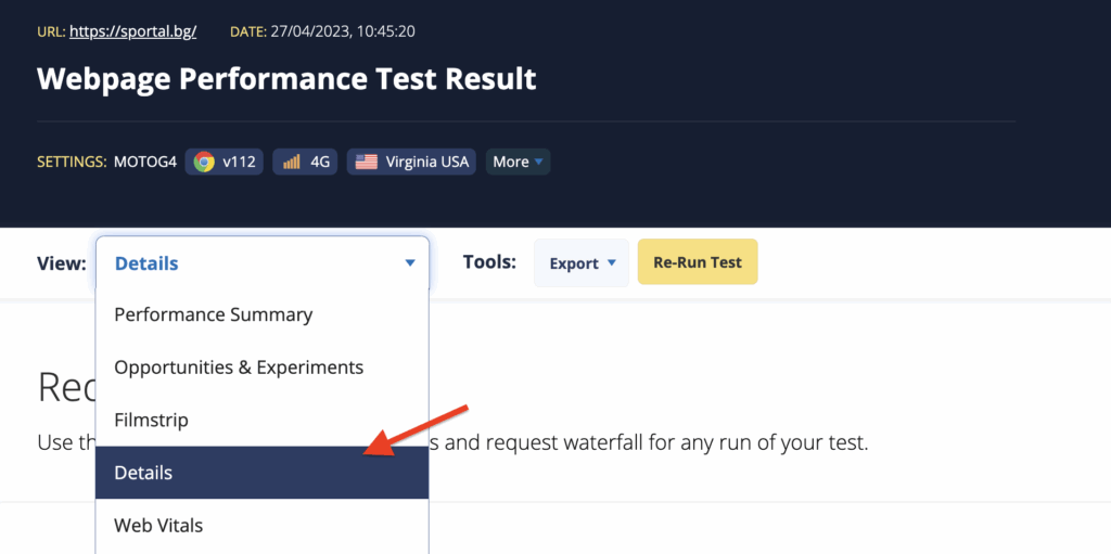 WebPageTest Performance Test Details View