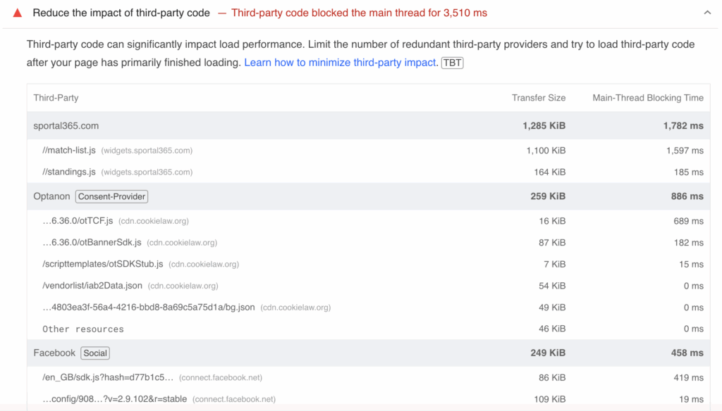 Google PageSpeed Insights Report Reduce Third-Party Scripts Warning