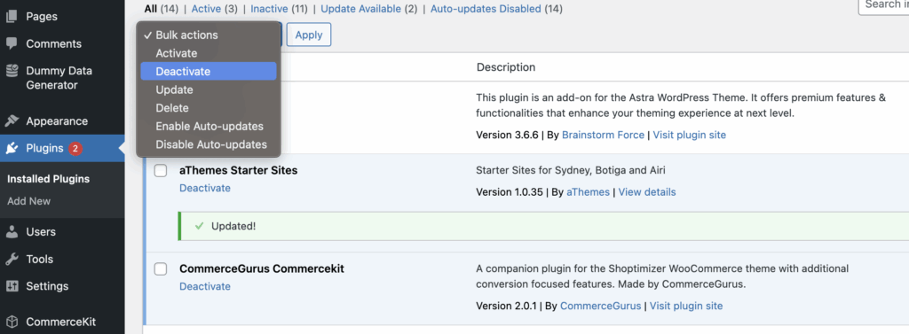 Deactivate plugins via Bulk actions