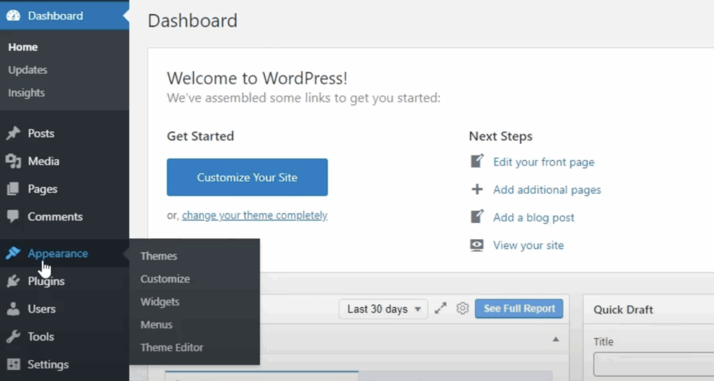 WordPress dashboard