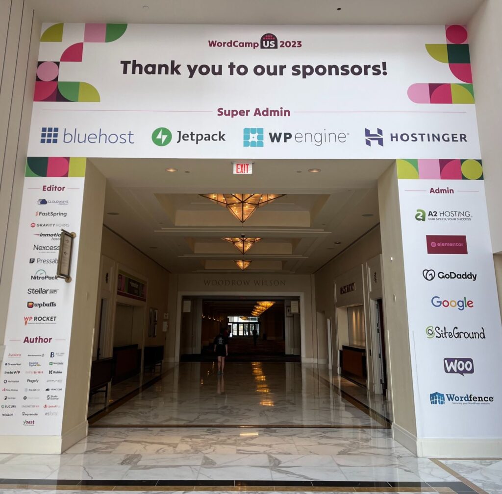 WordCamp US 2023 Venue Entrance with Sponsors