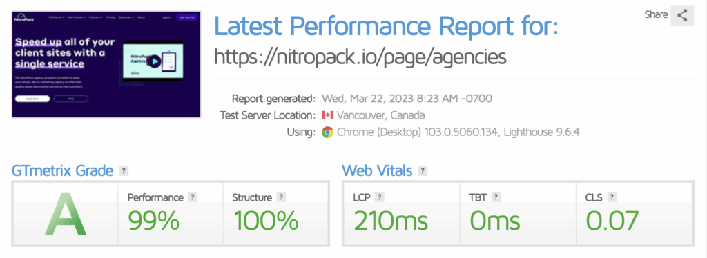 GTmetrix performance report with NitroPack enabled
