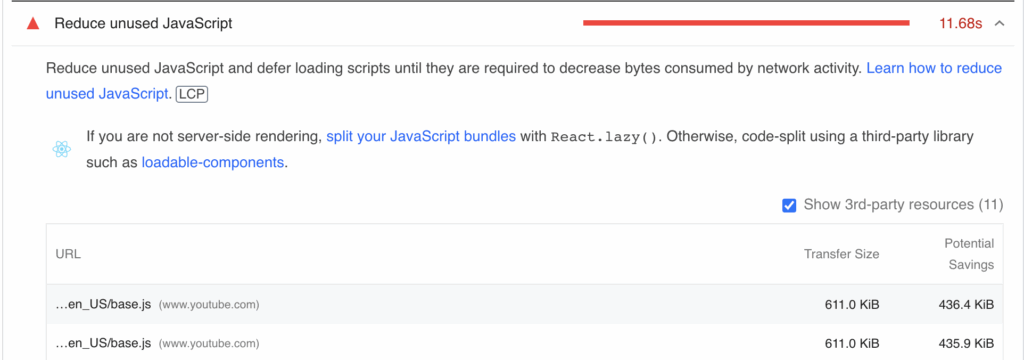 PSI warning reduce unused JavaScript