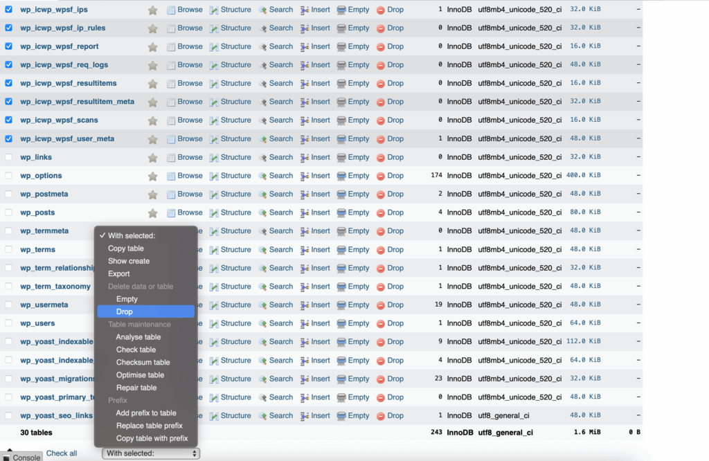 Delete leftover database tables