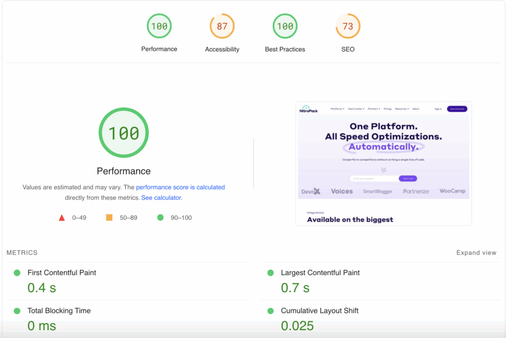 PageSpeed Insights Lighthouse metrics