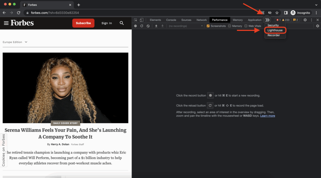 Forbes web page Lighthouse report