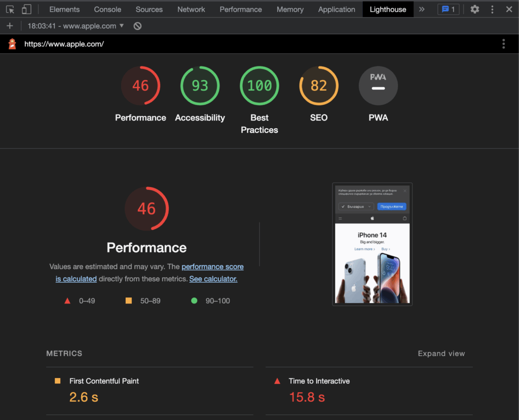 Lighthouse web page report