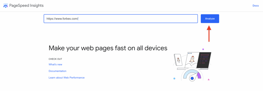 Google PageSpeed Insights report analyze button