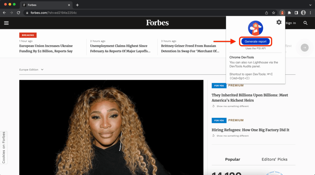 Generate Lighthouse report for Forbes web page