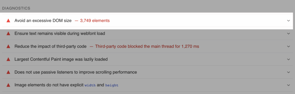 Avoid an excessive DOM size warning in Google PSI report