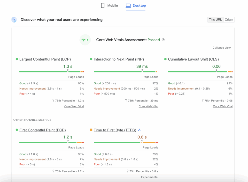 PSI report Core Web Vitals expanded view