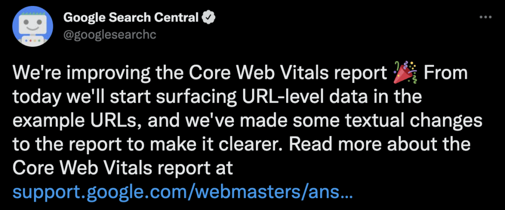 Google Search Central Tweet on Updated Core Web Vitals Report in Search Console
