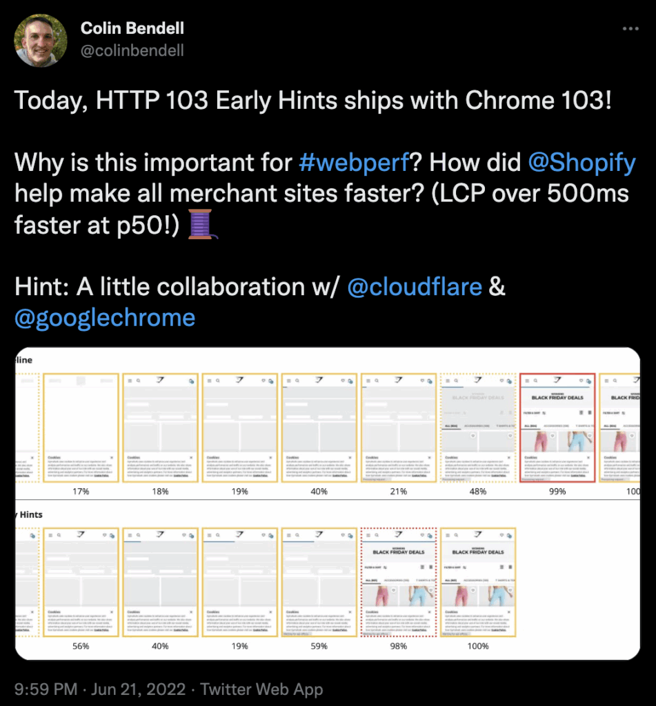 Colin Bendell X post on the release of HTTP 103 Early Hints