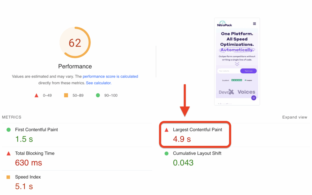 NitroPack LCP score without nitro