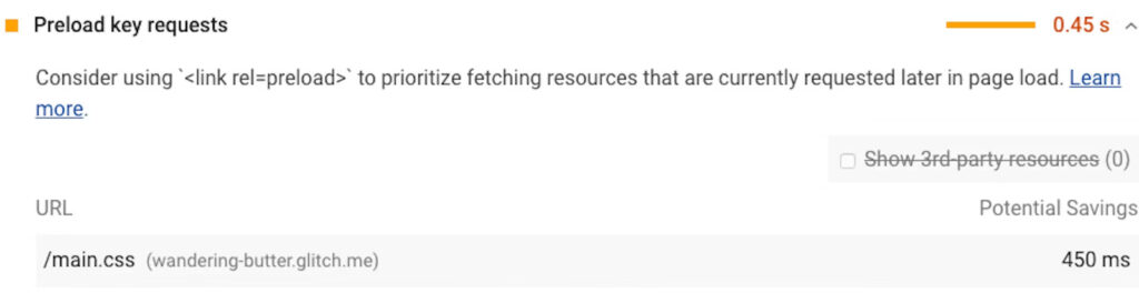 Preload key requests warning in Opportunities section in Google PSI report