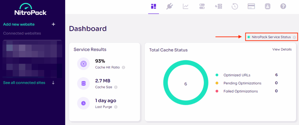 NitroPack Service Status in dashboard