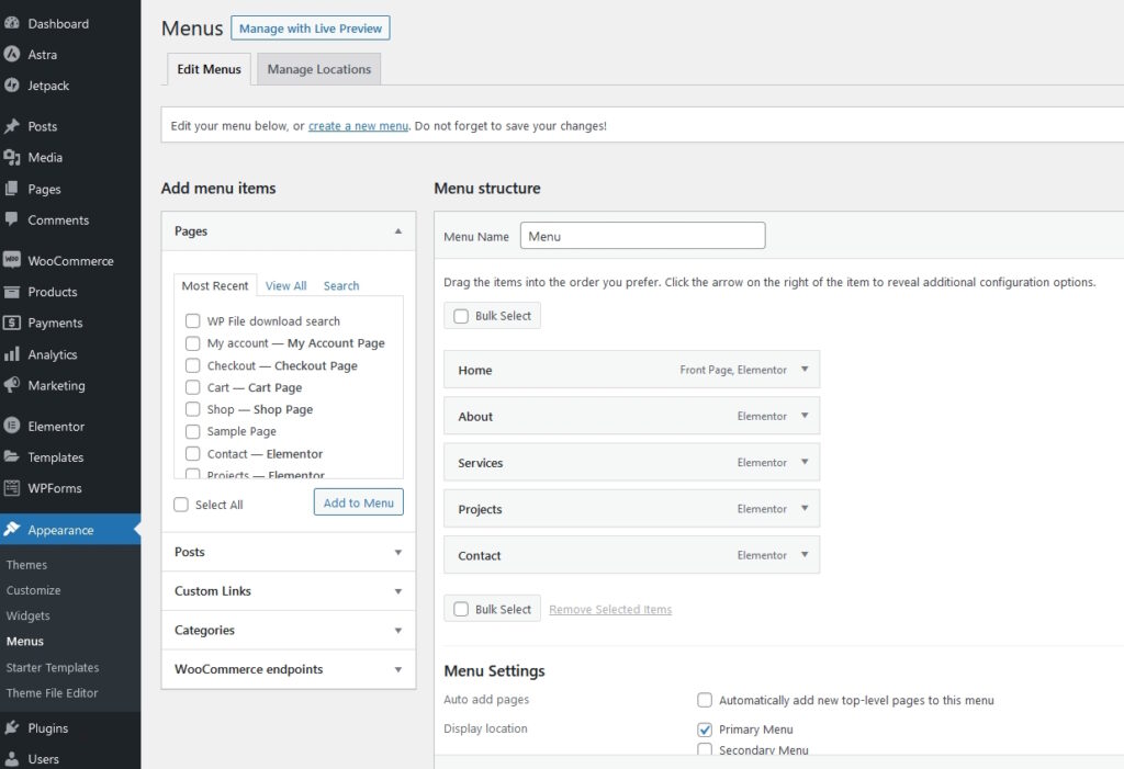 WordPress Admin Dashboard Appearance Menu Management