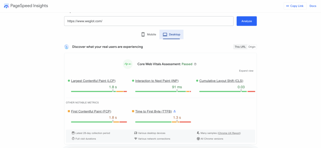 PSI Report Core Web Vitals assessment