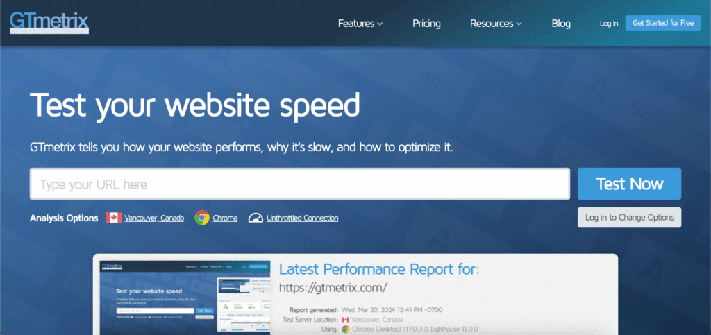 GTmetrix speed testing tool