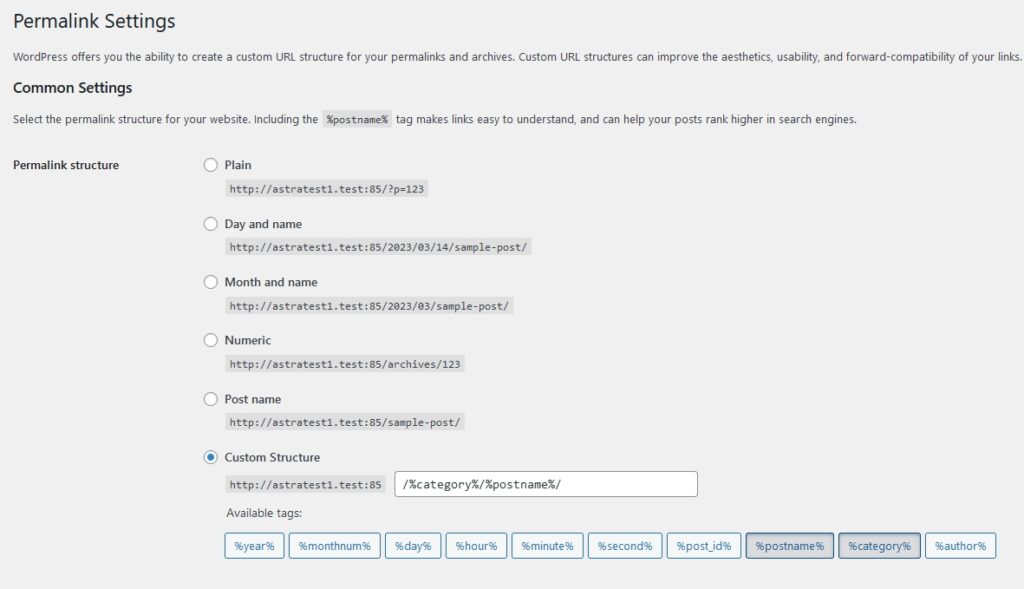 Permalink Settings WordPress Admin Dashboard