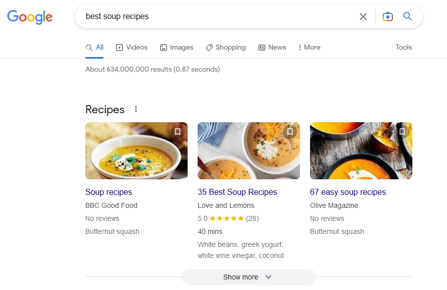 Rich snippet result example for best soup recipes search on Google