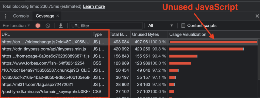 Unused JavaScript Chrome Devtools