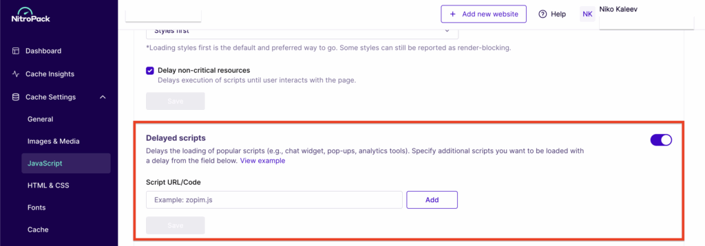 NitroPack Delayed Scripts feature