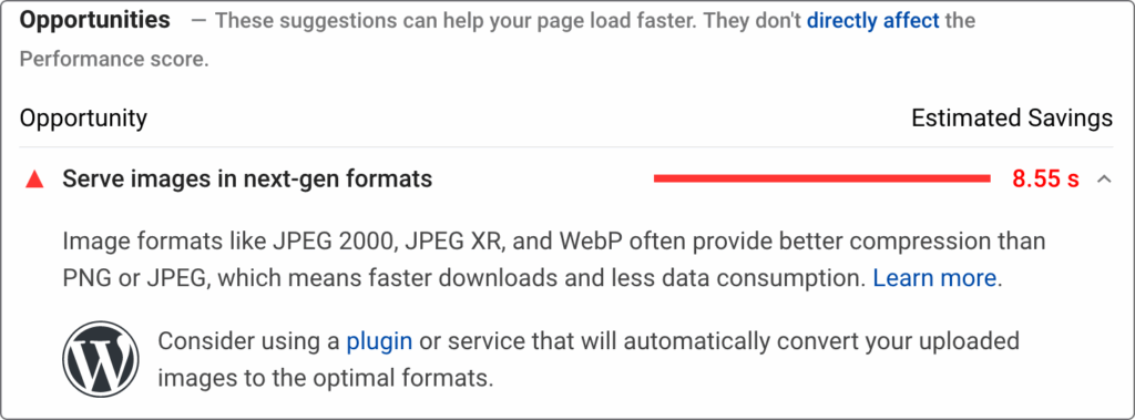 Next gen image formats warning PageSpeed Insights