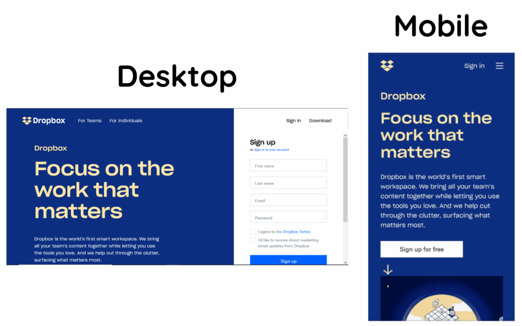 Dropbox homepage on mobile and desktop