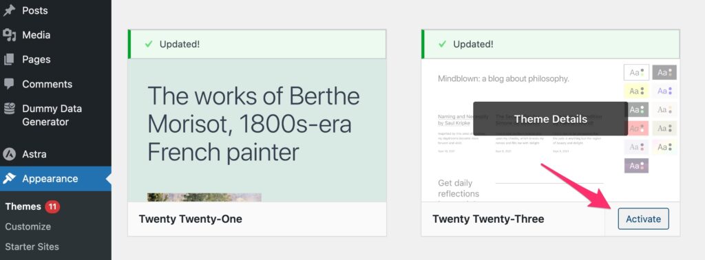 Switch to wordpress default theme