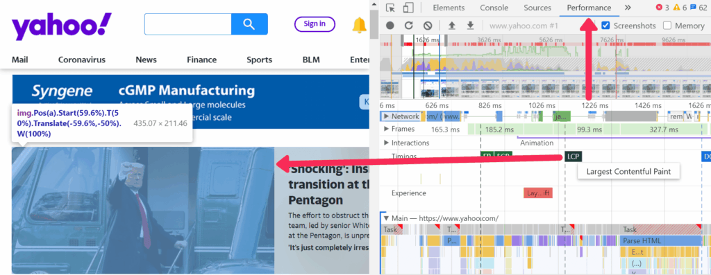 Chrome DevTools Performance panel LCP element