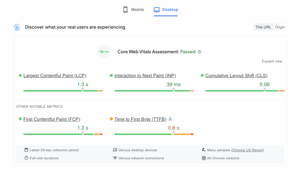 PSI Report Core Web VItals assessment