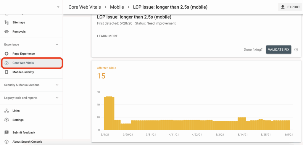 Google Search Console Core Web Vitals Report