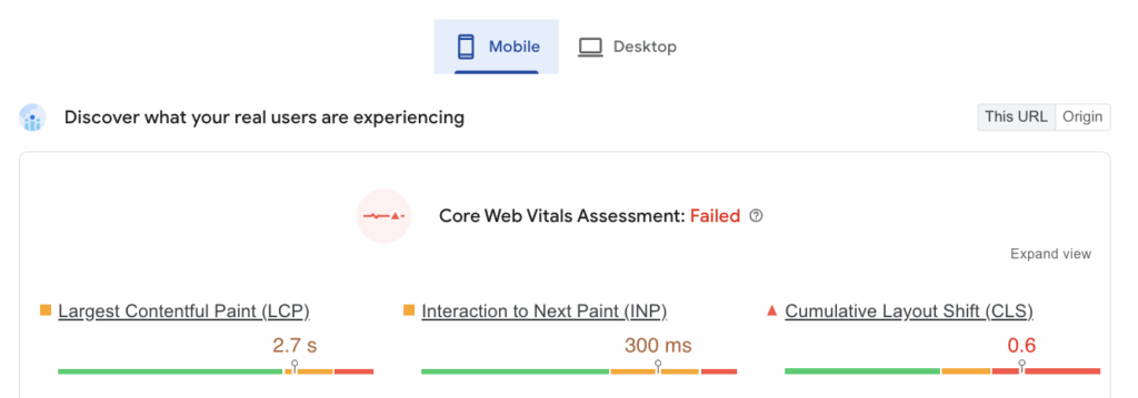 Core Web Vitals Assessment in Google PSI report