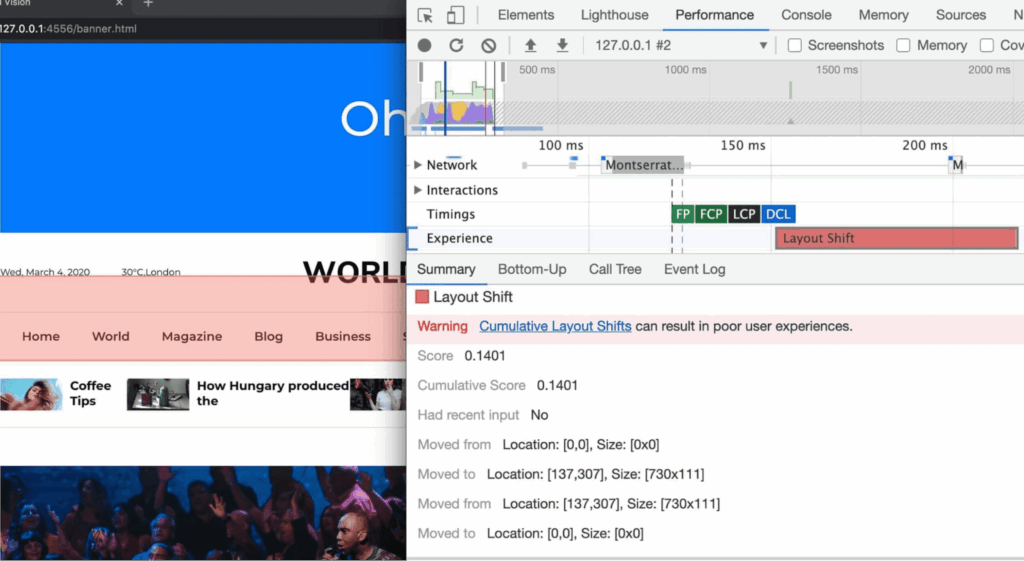 DevTools Performance Recording Layout Shifts