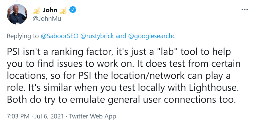 PSI not a ranking factor John Mueller tweet