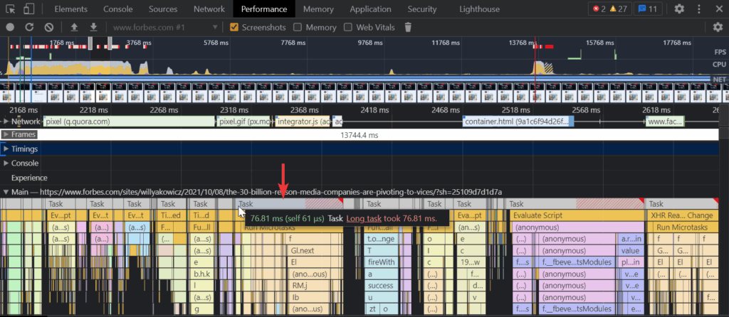 Chrome DevTools Performance Panel Timings long tasks
