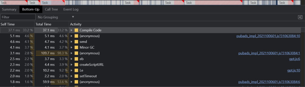 Chrome DevTools Bottom-up menu