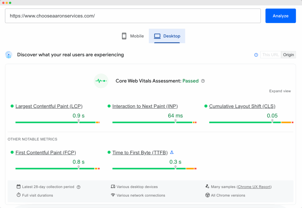Core Web Vitals desktop score