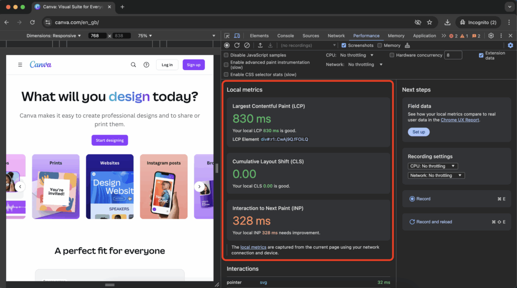 Chrome DevTools Local Core Web Vitals